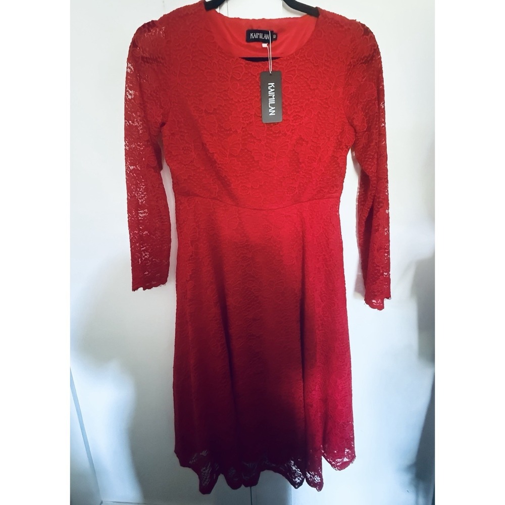 Kaimilan Red Lace Fit & Flare Dress NWT Size 10 3/4 Sleeve Cocktail Party